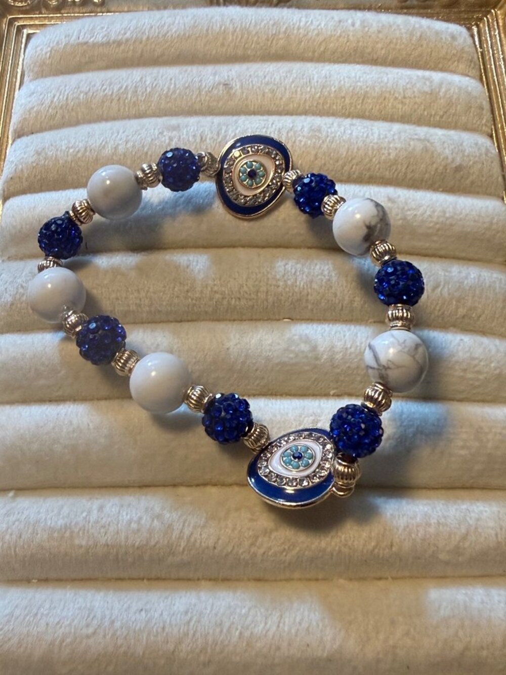 Cobalt Blue & White Evil Eye Beaded Bracelet 8inch